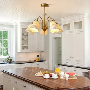 French Retro White Ceramic Chandelier Mid Century Brass Semi Flush Mount Light - Picture 1 of 9