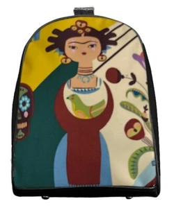 US HANDMADE Mini Backpack with " FRIDA CARITA" Pattern Shiny Black Side - Picture 1 of 4
