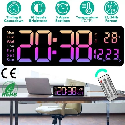 16'' Digital LED Large Display Wall Desk Alarm Clock Calendar Temperature Date - Image 1 of 4