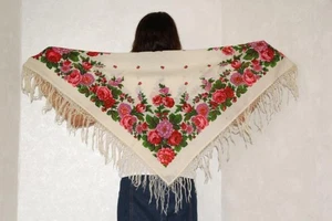 Piano fringe shawl Vintage floral square scarf Ethnic folk chale,Ukrainian wool - Picture 1 of 11