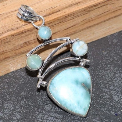 Impresionante Colgante Larimar Chapado en Plata 925 2.4" Joyería Declaración GW Foto 1 de 3