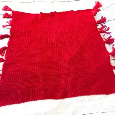Handmade Bright Red Throw Blanket with Tassels - Image 1 of 4