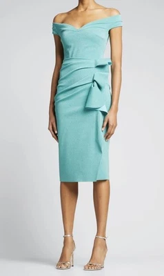 Vestido de cocktail Chiara Boni verde midi fora do ombro com babado lateral tamanho 38 EUA 2 - Imagem 1 de 4