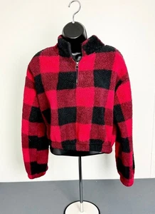 SO Sherpa Pullover Sz Small Crop 3/4 Zip Red Black Buffalo Plaid Fleece - Picture 1 of 4