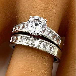 Sterling Silver 925 Engagement Wedding Ring Set Size 10 CZ Solitaire Bridal - Picture 1 of 13