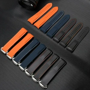 20 22 mm gebogenes Ende Kautschuk Uhrenarmband Band Faltschließe Ersatzarmband - Bild 1 von 43