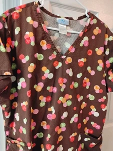 SB Scrubs 3 Pocket Brown Scrub Top with Multi-color Dots Size XL - Picture 1 of 1
