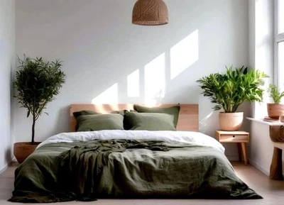 Linen Bedding Set Olive Green Duvet Cover & 2 Pillowcases King Full ComforterSet - Image 1 of 4