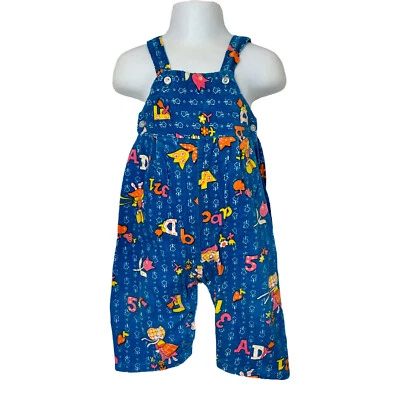 70 年代 80 年代复古女孩 18 Mo。 花卉太阳帽 Sue 嬉皮蓝色灯芯绒连体裤 — 第 1/4 张图片