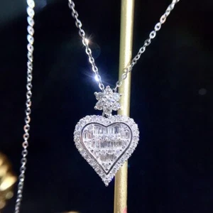 Baguette Cut Heart Shape Created Diamond Cluster Pendent Necklace 3Ct 925 Silver - Picture 1 of 5