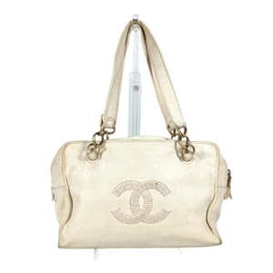 CHANEL CC CC Mark logo Bag Double Chain Bag Tote Bag Shoulder Bag Leather White - Foto 1 di 18