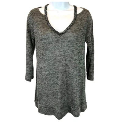 Juicy Couture Cut-Out Embellished Neck Knit Top  Women's Size S  Gray 3/4 Sleeve - Image 1 of 4