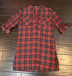 Chic Me Shirt Dress Red Plaid Flannel Lace Up Front Long Sleeve Side Slits Med - Picture 1 of 10
