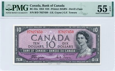1954 Canada $10 DEVIL'S FACE Bank of Canada BC-32a, PMG AU55 EPQ - Image 1 of 2
