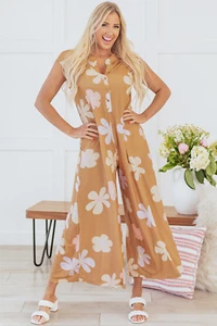 Khaki Floral Print Button-Up Loose Wide Leg Jumpsuit - Picture 1 of 24