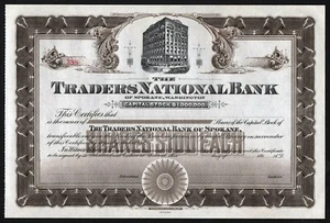 191_ Washington: The Traders National Bank of Spokane unissued Stock Certificate - Bild 1 von 3