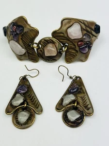Vtg Set of 3 Clay Bracelet Cuff Brass & Gemstones Handmade in Brazil w/earrings - Picture 1 of 10