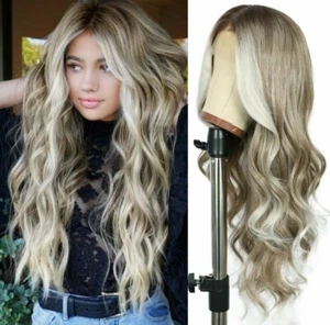 HD Lace Front Wig Human Hair Blend Highlights Wavy Curly Platinum Ash blonde - Picture 1 of 5