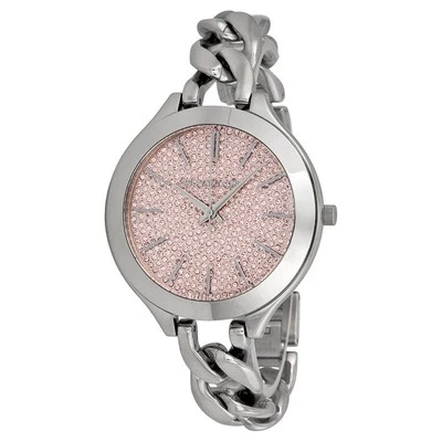 NEW MICHAEL KORS RUNWAY SILVER TONE,PINK CRYSTALS PAVE DIAL,CHAIN,WATCH-MK3357 - Image 1 of 2