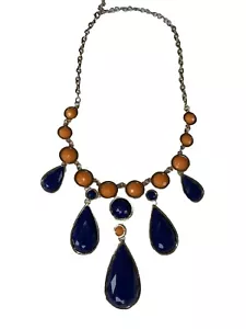 Vintage necklace costume jewelry gold colored chain orange and blue pendants - Picture 1 of 7