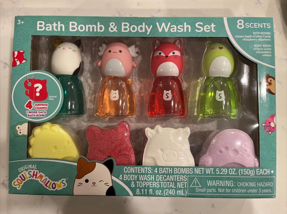 Original Squishmallows Bath Bomb & Body Wash 8-Piece Set with 4 Surprise Charms.