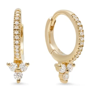 Pendientes de aro pequeños de oro amarillo de 14 k Huggies de tres diamantes de 0,18 quilates joyas hechas a mano - Imagen 1 de 2