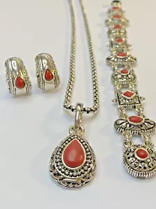 Premier Designs Red Tear Drop Pendant Necklace, Earrings and Matching Bracelet - Picture 1 of 14