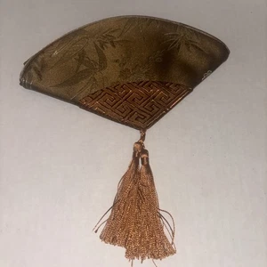 Brown Chinese BAMBOO, Silk Zipper, small fan shaped Clutch Purse w Tassel Fringe - Picture 1 of 17
