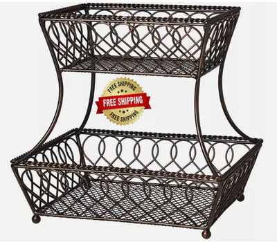 Cesta de almacenamiento de frutas y verduras de metal de 2 niveles estante antiguo decoración de mostrador de cocina  Foto 1 de 4