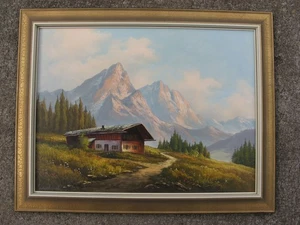 Pintura al óleo años 50 CABINA ALPINA 24x32" ALPES ALEMANES Viktoria Maltuch sello de colección - Imagen 1 de 14