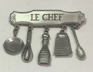 Le Chef JJ Jonette Brooch Pin Pewter Silver Colored w/ Dangling Kitchen Tools - Picture 1 of 6