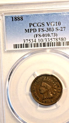1888 PCGS VG10 FS-303 S-27 MPD Indian Cent - Image 1 of 4