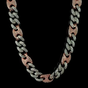 18K Rose Gold Two Tone Plated Out Iced Lab Diamond 14mm Mariner Cuban Link Chain - Picture 1 of 5