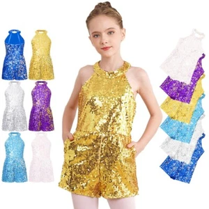 Kid Girls Dancewear Halter Neck Jumpsuit Shiny Romper One-Piece Sequin Zipper - Picture 1 of 73