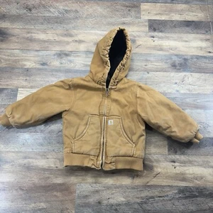 Carhartt Kids Size 4T Distressed Duck Canvas Hooded Jacket Coat Youth SPOTS - Picture 1 of 13