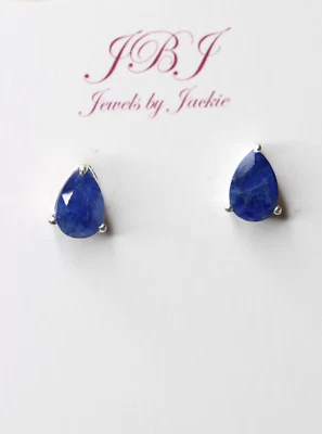 Aretes con piedras preciosas de pera naturales de plata de ley 925 azul zafiro de 6 mm x 9 mm Foto 1 de 3