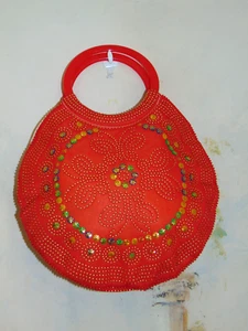 70s NOS VTG Retro Red Gold Multicolor Beaded Ring Cuff Wristlet Purse Handbag - Picture 1 of 11