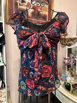 Blusa Betsey Johnson Teal Rosa Estampado Floral Seda Frontal Corbata Talla 2 Foto 1 de 4