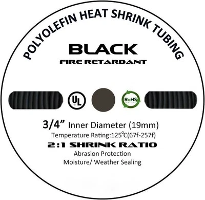 225FWY 50 FT. 50' Feet BLACK 3/4" 19mm Polyolefin 2:1 Heat Shrink Tubing Tube Cable UL