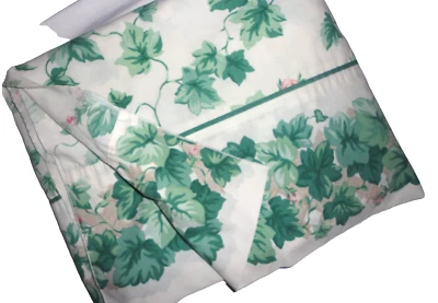 SPRINGMAID IVY HARBOR GREEN WHITE PINK FLORAL LEAVES (1) QUEEN FLAT 92X99 - Image 1 of 4