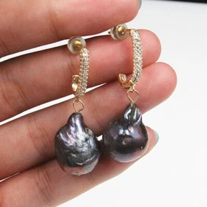 Natural 18 mm black baroque keshi reborn pearl CZ dangle earring 14K tibet gold - Picture 1 of 2