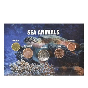 Meerestiere | 5 Münzset | Schildkröte | Roter Seestern | Delfin | Krabbe | Löwenfische - Bild 1 von 2