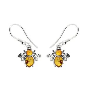 Sterling Silver Real Genuine Cognac Amber Lucky Bumble Bee Earrings Mothers Day - Picture 1 of 1