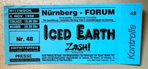 ICED EARTH 1998 NÜRNBERG - Original Konzert Ticket - Eintrittskarte - Picture 1 of 1