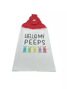 Easter Hanging Dishtowel Hello My Peeps With Pastel Bunnies Crochet Top - Picture 1 of 6