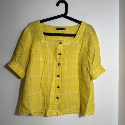 M&S Yellow Mix Pure Linen Square Neck Button Detail Blouse Size UK 12 - Image 1 of 4
