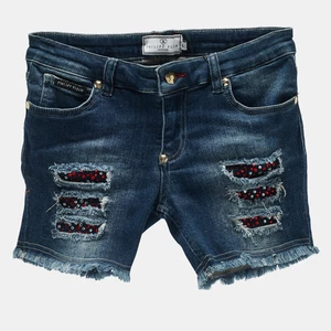 Philipp Plein Kids Middle Blue Studded Denim Distressed Shorts 10 Yrs - Picture 1 of 8
