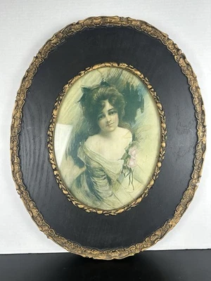 Antique Primitive Round Black And Gold Wood Frame with Portrait of Woman - Image 1 of 4