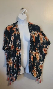 Knox Rose Floral Open Front Cardigan Duster Jacket Tassels Hippie Boho XL 2X - Picture 1 of 6
