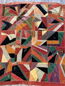 Antique Velvet Crazy Quilt Boho Embroidered Flowers 48” x 57” Beautiful - Picture 1 of 15